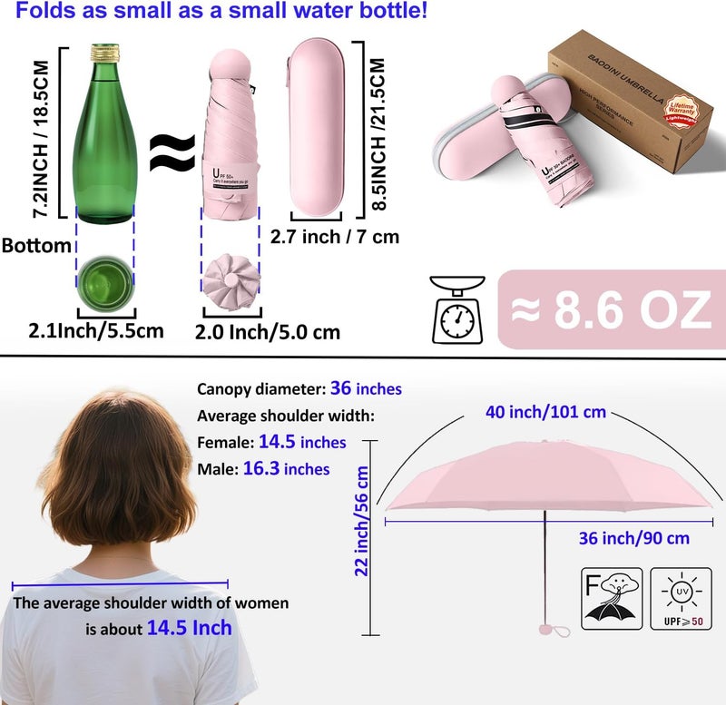 BAODINI Travel Essentials Mini Umbrella for Purse With Case Small Compact UV Sun Protection Lightweight Tiny Pocket Manual Open Close Umbrella for Women Kids and Men Fits Purse Backpack - Image 4